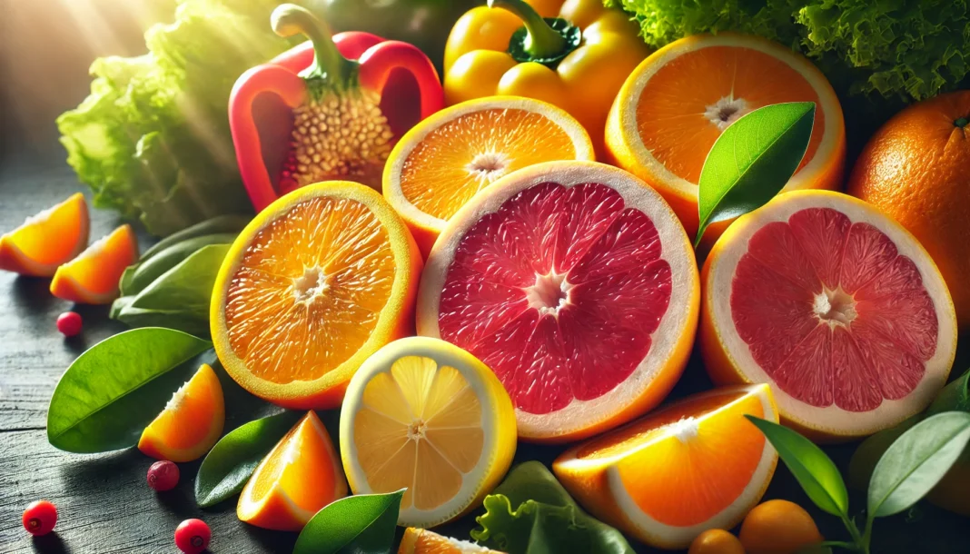 A vibrant close-up of sliced citrus fruits, including oranges, lemons, and grapefruits, with fresh leafy greens and bell peppers, representing rich sources of vitamin C under natural sunlight