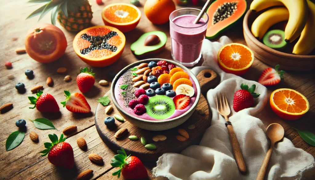 Maximizing Your Health: What Helps Absorb Vitamin C for Optimal Benefits? 1 A beautifully arranged breakfast scene with a smoothie bowl topped with berries, kiwi, and nuts, surrounded by vitamin C-rich foods like oranges, strawberries, and papayas on a natural wooden table with a warm morning glow