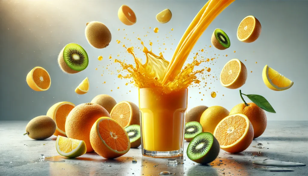Maximizing Your Health: What Helps Absorb Vitamin C for Optimal Benefits? 2 A dynamic visual of freshly squeezed orange juice being poured into a glass, with splashes frozen mid-air, surrounded by whole and sliced oranges, lemons, and kiwis, highlighting their rich vitamin C content against a bright, minimalistic background