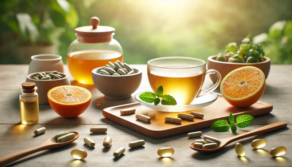 Maximizing Your Health: What Helps Absorb Vitamin C for Optimal Benefits? 3 A wellness-inspired composition with vitamin C supplements, a cup of green tea, and fresh citrus fruits arranged on a wooden table, with soft sunlight filtering through a calming natural backdrop, symbolizing holistic nutrition and well-being