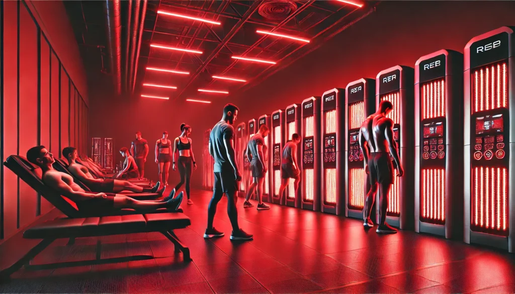 Red Light Therapy Gym: How It Enhances Total Body Recovery and Performance 2 High-tech red light therapy gym with multiple athletes undergoing full-body enhancement therapy under near-infrared light, focusing on post-workout muscle recovery and performance optimization