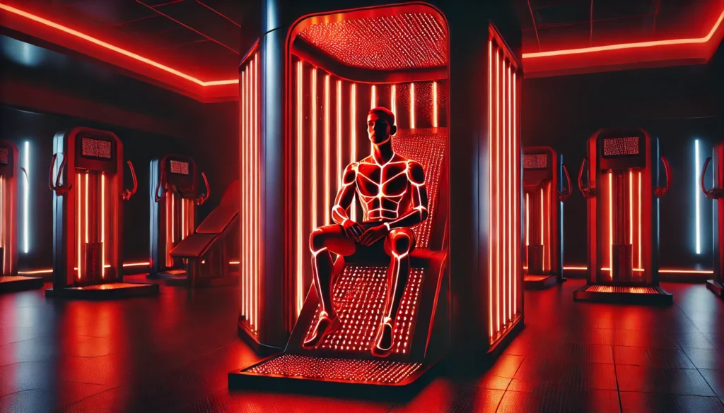 Red Light Therapy Gym: How It Enhances Total Body Recovery and Performance 3 A futuristic athlete seated in a red light therapy chamber inside a high-tech gym, immersed in deep red and near-infrared light to promote healing, relaxation, and improved circulation