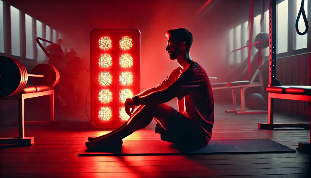 A serene nighttime scene of an athlete using red light therapy in a dimly lit room. The warm red glow illuminates their body, highlighting relaxation and post-workout recovery. The background features subtle fitness equipment, enhancing the sense of muscle healing and regeneration.