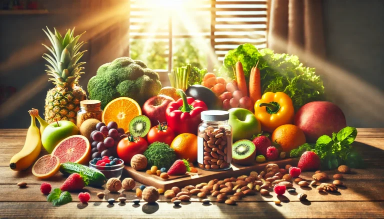 A visually appealing arrangement of fresh fruits, vegetables, nuts, and a bottle of multivitamins on a wooden kitchen counter, illuminated by natural sunlight, symbolizing the balance between whole foods and dietary supplementation