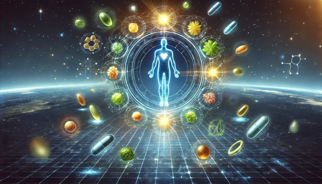 Should I Take a Multivitamin? Unveiling the Benefits and Necessity of Daily Supplements 2 A futuristic digital visualization of essential vitamins and minerals radiating in a circular pattern around a human silhouette, representing the role of multivitamins in enhancing overall health and well-being