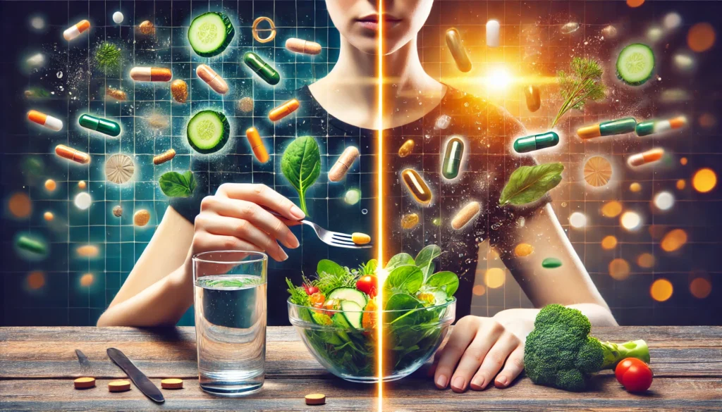 Should I Take a Multivitamin? Unveiling the Benefits and Necessity of Daily Supplements 3 A split-screen image contrasting two lifestyles: one side featuring a person enjoying a nutrient-rich salad, while the other shows them taking a multivitamin pill with water, illustrating the complementary relationship between diet and supplementation