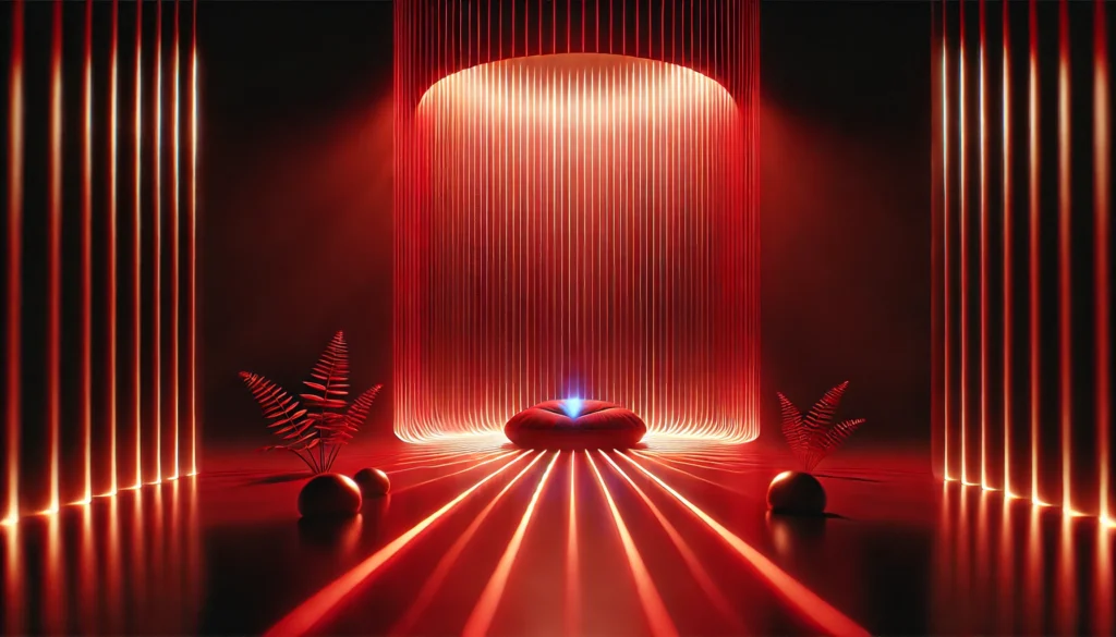 Does Red Light Therapy Make You Tired? Exploring the Benefits of Red Light at Night for Athletic Recovery 2 A visually striking abstract image of glowing red light waves. The deep red illumination contrasts against a dark background, symbolizing warmth, muscle recovery, and the therapeutic benefits of red light at night. The soft glow enhances the atmosphere of relaxation and healing.