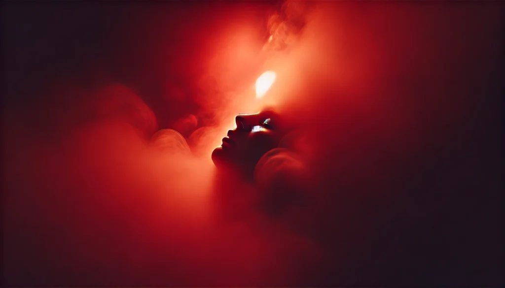 Does Red Light Therapy Make You Tired? Exploring the Benefits of Red Light at Night for Athletic Recovery 3 A surreal and ethereal depiction of red light softly diffusing through a misty atmosphere. The warm red glow creates a dreamlike ambiance, representing relaxation, nighttime therapy, and post-workout muscle recovery. The abstract composition highlights the gentle interplay of light and shadows for a soothing effect