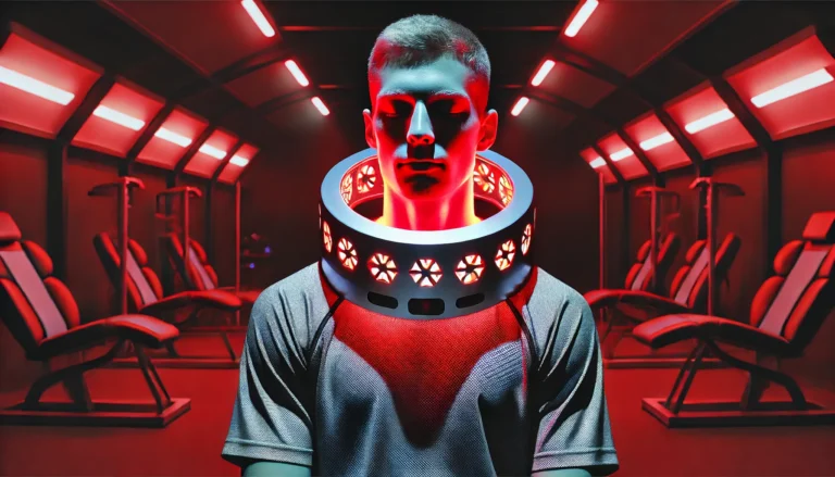 A high-tech red light therapy device emitting a soft red glow around an athlete’s neck, set in a futuristic sports therapy environment with a dimly lit ambiance