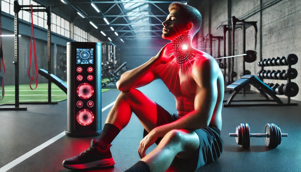 Red Light Therapy for Neck Pain: A Breakthrough in Athletic Recovery & Regeneration 1 An athlete recovering after a workout, using a red light therapy device on their neck in a modern sports rehabilitation facility, with a soothing wellness atmosphere