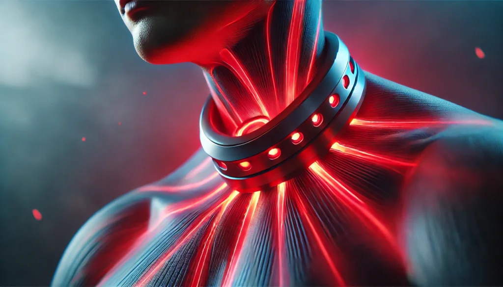 Red Light Therapy for Neck Pain: A Breakthrough in Athletic Recovery & Regeneration 2 A close-up of a futuristic red light therapy device wrapped around a person’s neck, emitting a warm red glow, symbolizing advanced healing and deep tissue regeneration.