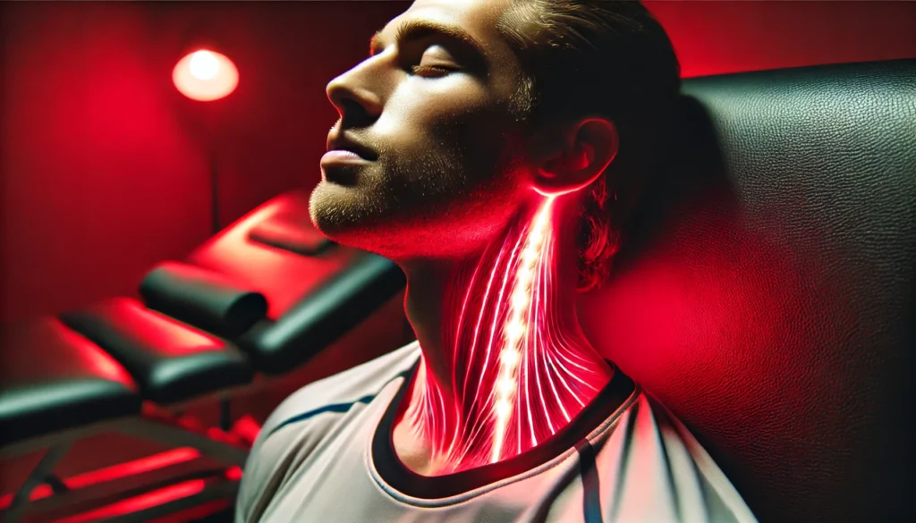 Red Light Therapy for Neck Pain: A Breakthrough in Athletic Recovery & Regeneration 3 A professional athlete in a dimly lit recovery room using red light therapy on their neck, with soft red light highlighting muscle contours, showcasing deep tissue regeneration