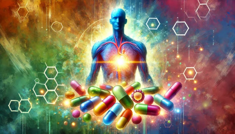 A visually striking digital painting of multivitamin capsules and tablets glowing with a radiant aura, symbolizing health benefits. The background features an abstract depiction of human vitality with energy flares representing enhanced wellness