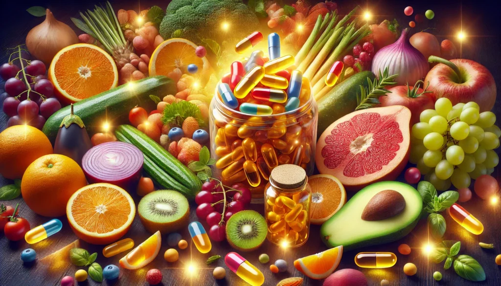 The Benefits of Taking Multivitamin Supplements: How Bioavailable Nutrients Enhance Your Daily Health 1 A vibrant and detailed depiction of fresh fruits, vegetables, and natural food sources arranged with glowing multivitamin capsules, symbolizing the combination of nutrition and supplementation for a healthy lifestyle