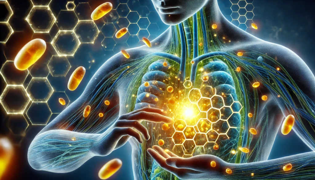 The Benefits of Taking Multivitamin Supplements: How Bioavailable Nutrients Enhance Your Daily Health 2 A futuristic scientific visualization of multivitamin absorption at a microscopic level, depicting glowing vitamin molecules integrating into human cells, symbolizing enhanced bioavailability and optimal health benefits