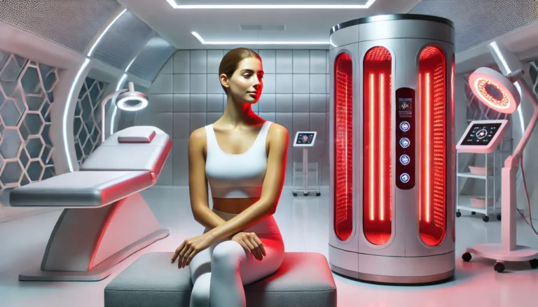 A modern wellness clinic featuring a patient receiving red light therapy for rosacea. The glowing red therapy device emits a soothing light in a high-tech, clinical environment.