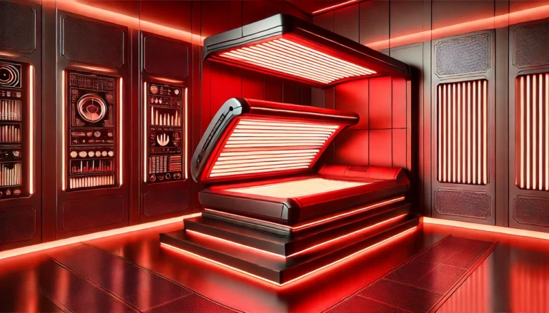 A futuristic red light tanning bed in a high-tech recovery room, emitting a warm red glow, surrounded by sleek panels and fitness equipment, highlighting advanced sports recovery technology.