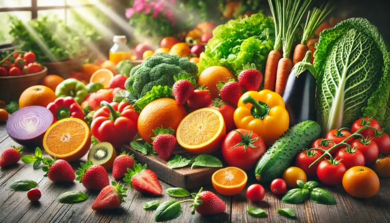 A colorful assortment of fresh fruits and vegetables, including oranges, strawberries, bell peppers, leafy greens, and tomatoes, arranged on a wooden kitchen counter, symbolizing sources of water-soluble vitamins