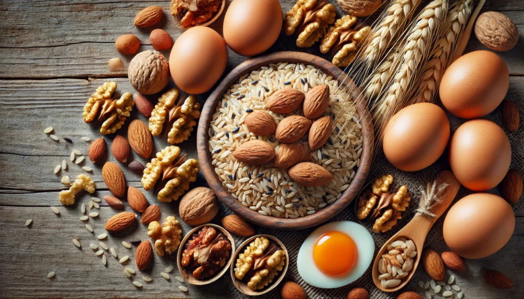 Which of the Following Is a Water-Soluble Vitamin? Unveiling the Truth About Essential Nutrients 2 A rustic wooden surface featuring almonds, walnuts, brown rice, and eggs, representing natural sources of biotin (vitamin B7) with a focus on texture and nutrient-rich content