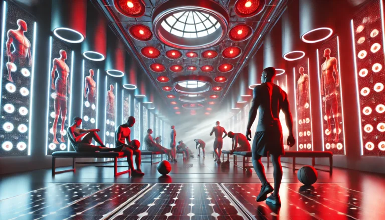 A futuristic sports recovery center where athletes undergo light therapy treatment under red and infrared light panels, emphasizing high-tech muscle regeneration