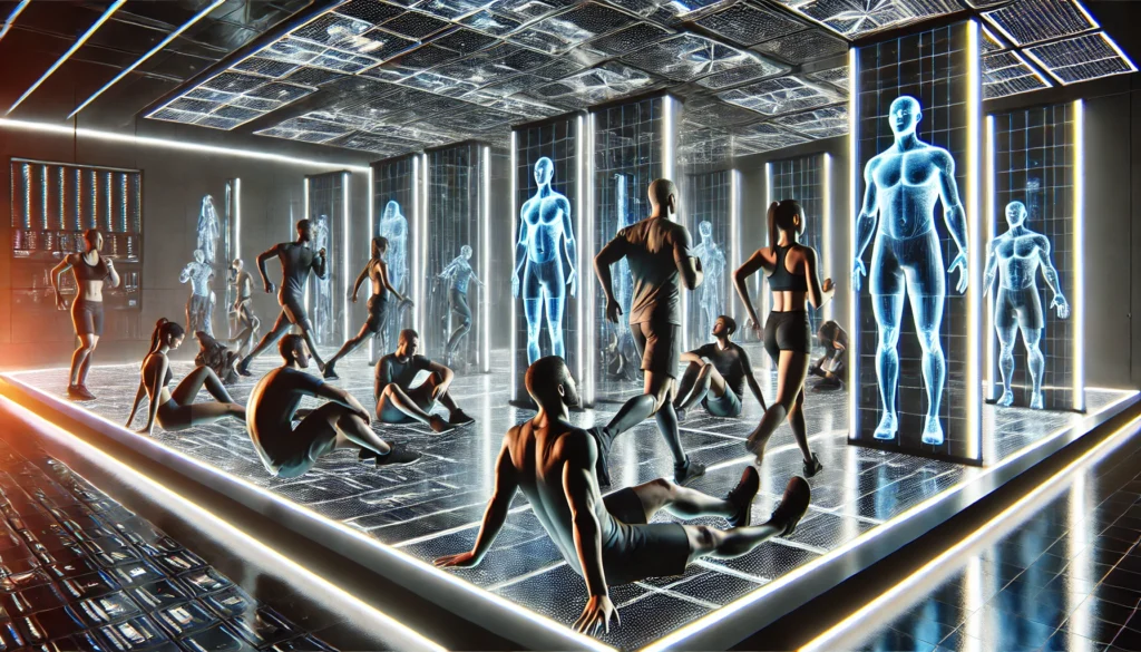 What Is Light Therapy Treatment? Unlocking Its Power for Athletic Recovery & Regeneration 2 Multiple athletes in a futuristic rehabilitation center receiving light therapy treatment, surrounded by cutting-edge sports recovery technology