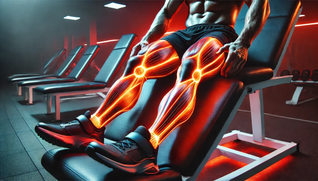 What Is Light Therapy Treatment? Unlocking Its Power for Athletic Recovery & Regeneration 3 A close-up of an athlete’s legs wrapped in infrared light panels, highlighting muscle recovery and regeneration with advanced light therapy techniques