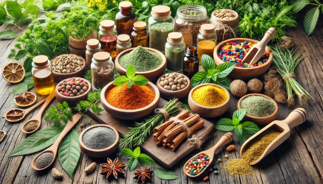 A vibrant assortment of herbal supplements in natural forms, including fresh herbs, dried roots, and ground powders, displayed in wooden bowls and glass jars on a rustic wooden table, surrounded by lush greenery symbolizing natural wellness and holistic health.