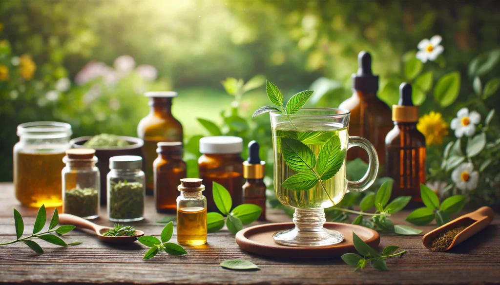 The Best Herbal Supplements to Take Daily for Optimal Health and Wellness 1 A serene wellness setting featuring a glass of herbal infusion tea with fresh leaves floating, surrounded by bottles of essential herbal extracts and supplements, set against a soft-focus garden background evoking relaxation and holistic well-being