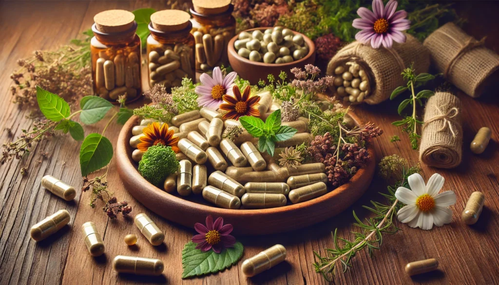 The Best Herbal Supplements to Take Daily for Optimal Health and Wellness 2 A close-up of various herbal capsules and tablets made from natural plant extracts, neatly arranged on a wooden plate with scattered fresh herbs and flowers, highlighting the organic and holistic health benefits of herbal supplements