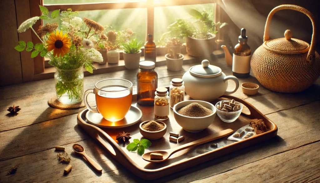 The Best Herbal Supplements to Take Daily for Optimal Health and Wellness 3 A peaceful morning scene with a wooden tray holding an assortment of herbal supplements, including powdered herbs, tinctures, and capsules, placed beside a cup of herbal tea with sunlight streaming in through a window, symbolizing natural health and wellness.