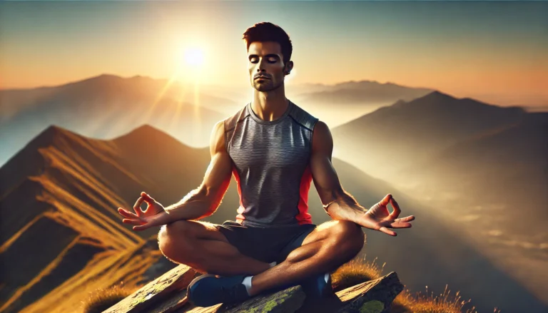 A focused athlete meditating atop a mountain at sunrise, surrounded by a tranquil natural landscape, symbolizing mindfulness and sports recovery.