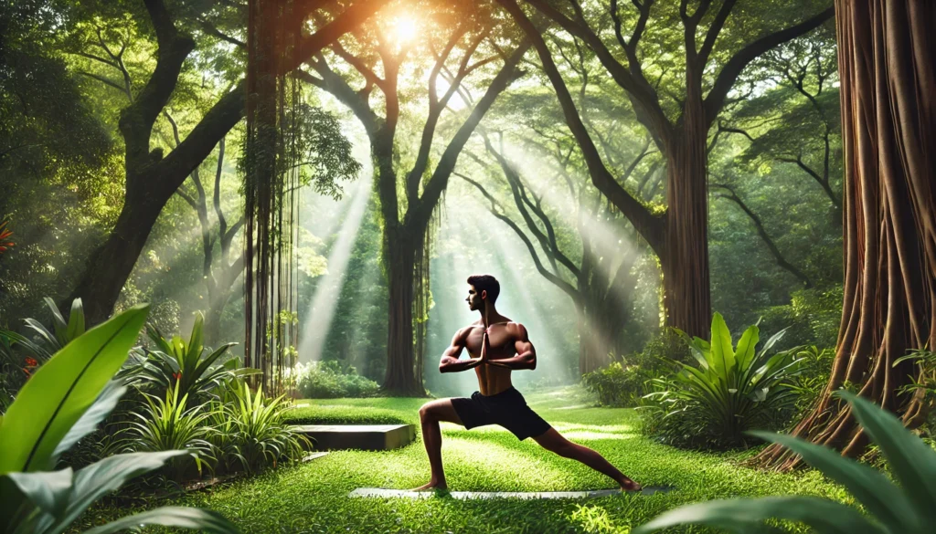 How Mindfulness and Sports Enhance Athletic Recovery & Regeneration for Peak Performance 1 An athlete practicing yoga in a tranquil park, surrounded by lush greenery and soft natural light, embodying mindfulness, balance, and athletic recovery.