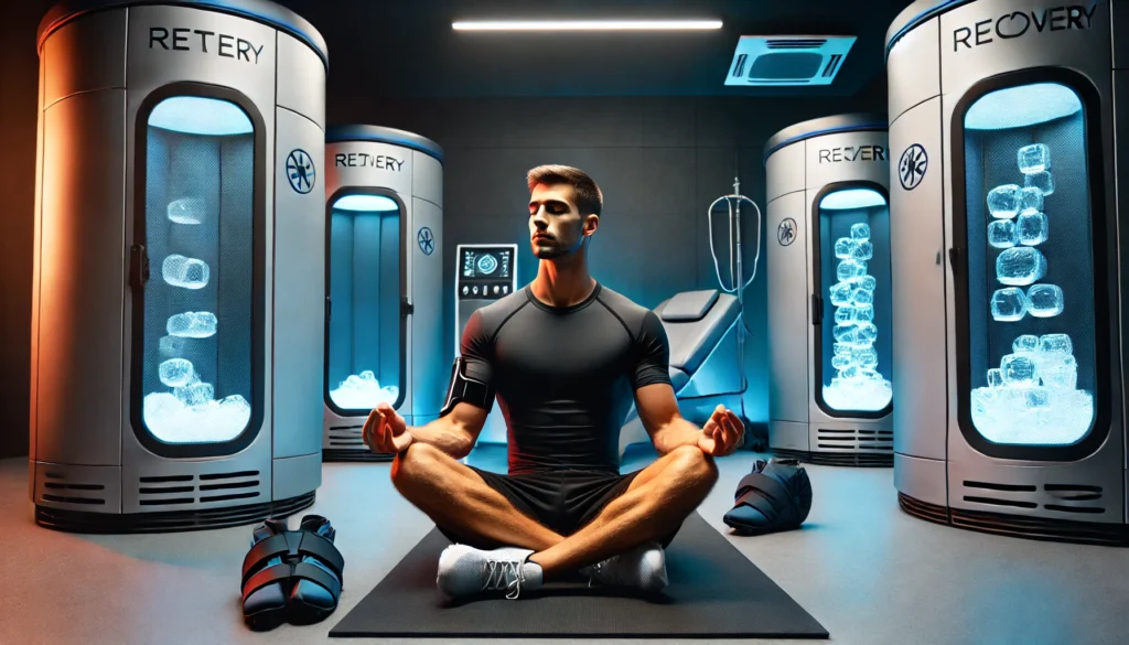 How Mindfulness and Sports Enhance Athletic Recovery & Regeneration for Peak Performance 2 An athlete meditating inside a modern sports recovery facility, surrounded by advanced rehabilitation equipment, representing mindfulness and regeneration.