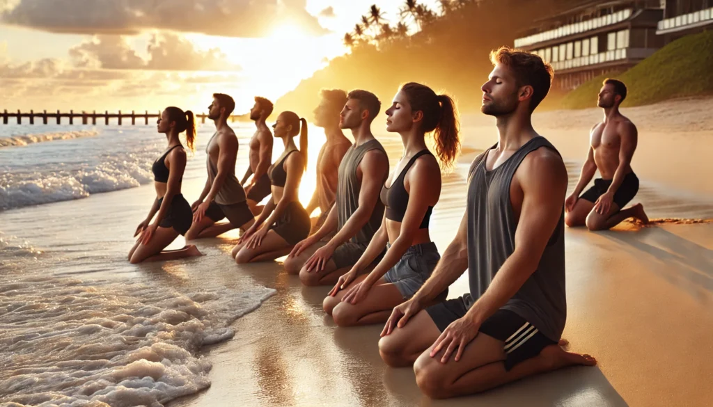 How Mindfulness and Sports Enhance Athletic Recovery & Regeneration for Peak Performance 3 A group of athletes practicing synchronized breathing exercises on a tranquil beach at sunset, embodying mindfulness, relaxation, and recovery.