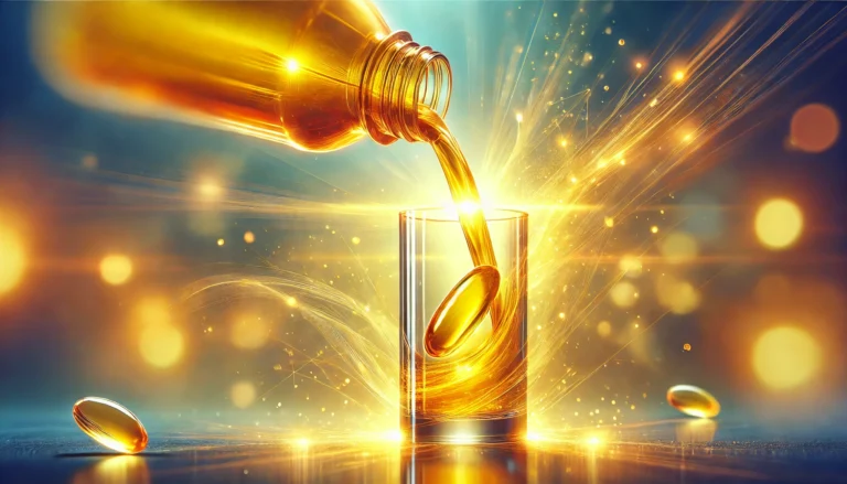 A vibrant golden liquid vitamin supplement being poured into a glass, symbolizing purity, high absorption, and optimal bioavailability against a soft, wellness-inspired background