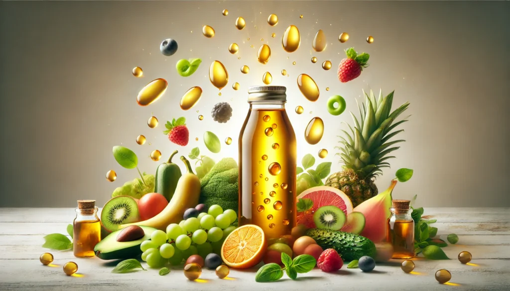 Unlocking the Benefits of the Best Liquid Multivitamin: A Game-Changer for Bioavailable Nutrition 2 A vibrant bottle of liquid multivitamins surrounded by fresh fruits and vegetables, with golden liquid droplets floating in the air, symbolizing nutrient richness, vitality, and health benefits