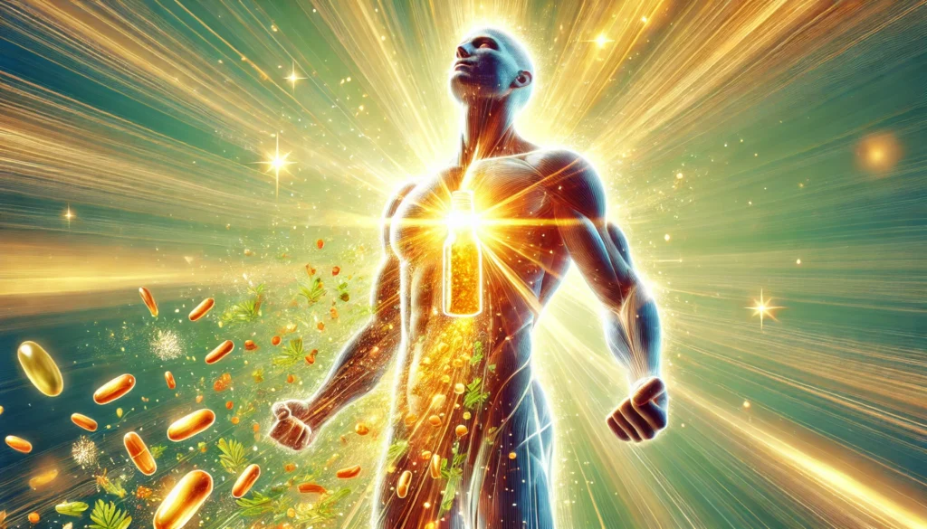 Unlocking the Benefits of the Best Liquid Multivitamin: A Game-Changer for Bioavailable Nutrition 3 A vibrant and energetic person radiating wellness and vitality, with golden light flowing through their body, symbolizing enhanced nutrient absorption and optimal health from liquid multivitamins