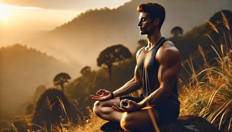 A male athlete sits in a meditative pose on a mountain peak at sunrise, surrounded by nature. The golden light highlights his focused expression as he practices deep breathing, emphasizing the connection between sports meditation and peak performance.