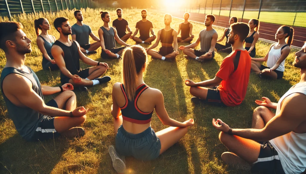 Unlock Peak Performance: The Power of Sports Meditation for Athletic Recovery & Regeneration 2 A group of athletes meditates together on a grassy field at sunrise. Dressed in sportswear, they sit in a circle, practicing mindfulness and deep breathing, symbolizing the unity and recovery benefits of sports meditation.