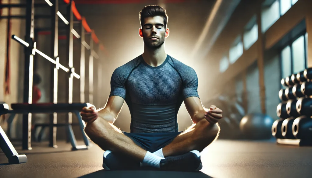 Unlock Peak Performance: The Power of Sports Meditation for Athletic Recovery & Regeneration 3 A professional athlete sits in a meditative posture in a peaceful gym setting. With eyes closed and breathing deeply, they transition from intense training to mindful recovery, capturing the essence of meditation for athletes in performance enhancement.