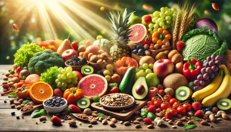 A vibrant still life of organic fruits, vegetables, nuts, and seeds arranged on a rustic wooden table, bathed in natural sunlight. The image symbolizes the purity and richness of natural sources of vitamins and minerals for optimal health