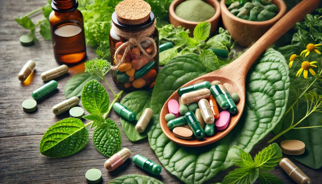 The Best Organic Multivitamin: How to Choose a Bioavailable, All-Natural Supplement for Optimal Health 1 A close-up of a wooden spoon filled with colorful organic supplement capsules and herbal extracts, resting on a bed of fresh green leaves. The image represents a natural and holistic approach to multivitamin supplementation and health