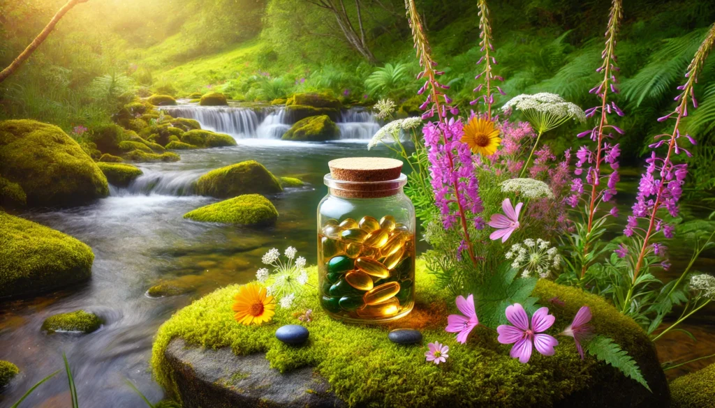 The Best Organic Multivitamin: How to Choose a Bioavailable, All-Natural Supplement for Optimal Health 2 A glass jar of organic vitamins resting on a moss-covered rock, surrounded by wildflowers with a gentle stream flowing in the background. The image symbolizes purity, bioavailability, and a deep connection to nature’s healing properties.