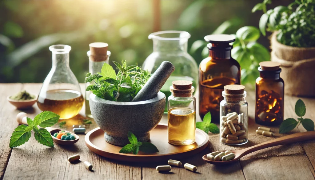 The Best Organic Multivitamin: How to Choose a Bioavailable, All-Natural Supplement for Optimal Health 3 A holistic wellness setting with a mortar and pestle containing crushed herbs, accompanied by glass bottles of herbal extracts and organic supplement capsules. The soft, natural lighting enhances the sense of purity, balance, and natural healing