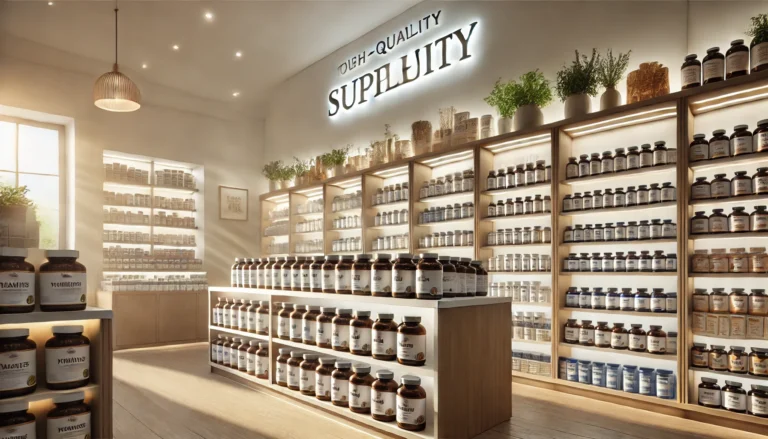 A clean, modern health store with well-organized shelves displaying high-quality vitamin and supplement bottles, illuminated with soft, natural lighting to emphasize trust and quality