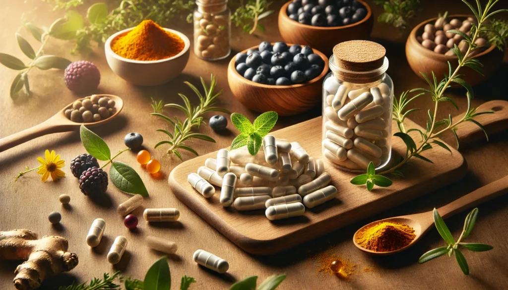 Where to Get Quality Supplements: The Best Sources for Bioavailable Nutrients 1 A close-up of premium supplement capsules and tablets on a clean wooden surface, surrounded by fresh herbs, berries, and turmeric, symbolizing purity and bioavailability of nutrients
