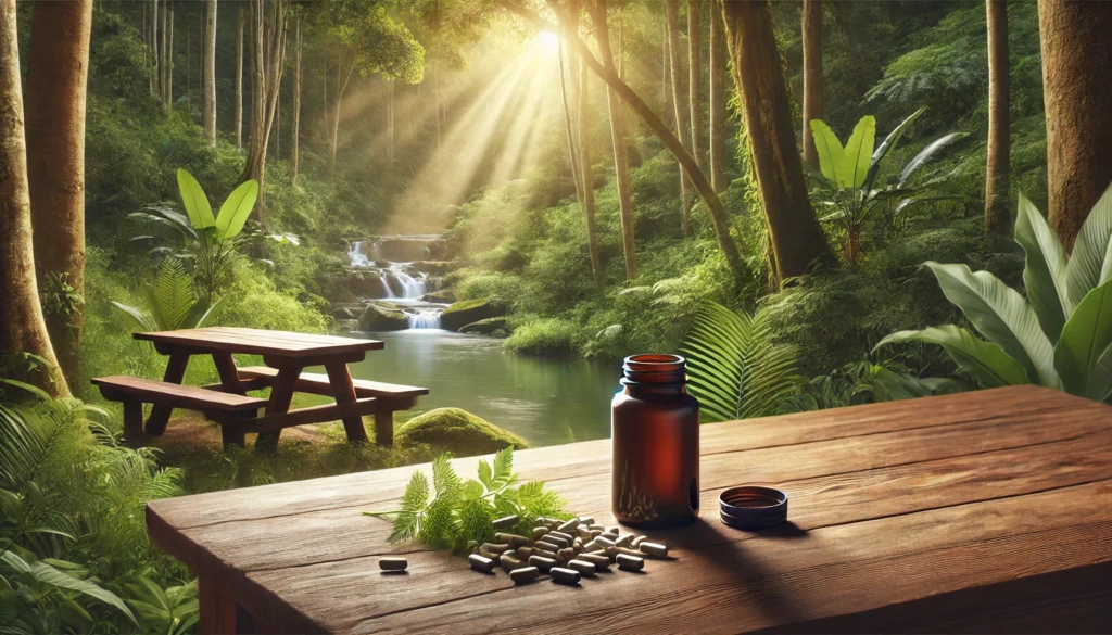 Where to Get Quality Supplements: The Best Sources for Bioavailable Nutrients 2 An open bottle of high-quality supplements on a wooden table, set against a lush green forest with sunlight filtering through the leaves, symbolizing a connection between nature and holistic health