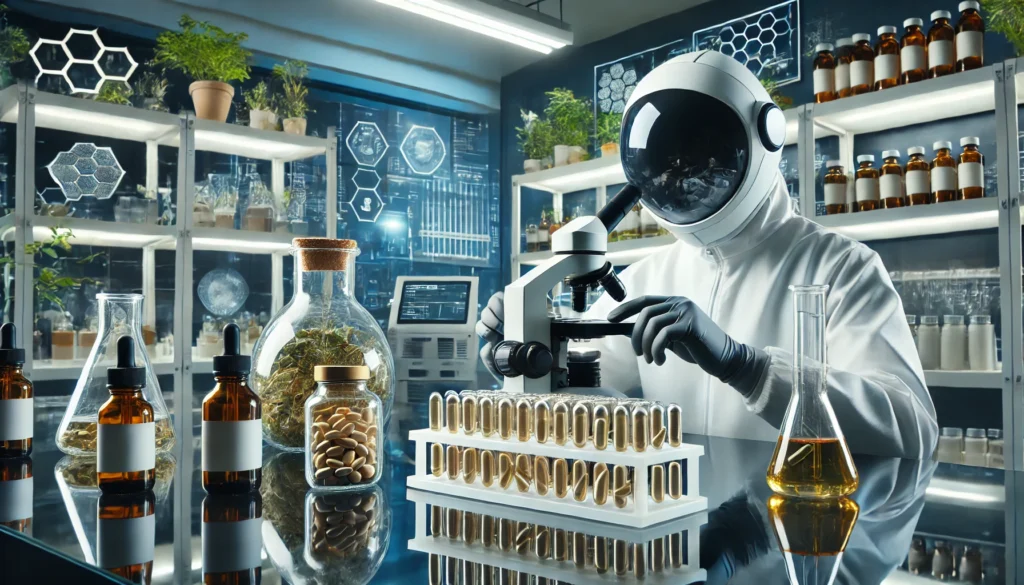 Where to Get Quality Supplements: The Best Sources for Bioavailable Nutrients 3 A scientist in a high-tech laboratory examining supplement capsules under a microscope, with glass beakers, plant extracts, and advanced testing equipment in the background, symbolizing quality control and scientific validation of bioavailable nutrients