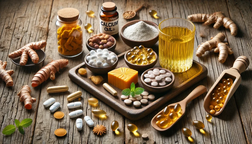 A visually appealing arrangement of natural supplements for bone and joint health, featuring turmeric root, fish oil capsules, calcium tablets, and collagen powder displayed on a rustic wooden surface with soft natural lighting