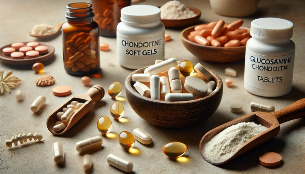 The Best Supplements for Bones and Joints: Boost Mobility and Reduce Pain Naturally 1 A close-up artistic display of essential supplements for bone and joint health, including glucosamine capsules, chondroitin tablets, omega-3 soft gels, and a bowl of collagen powder, arranged on a neutral-toned natural background with warm lighting